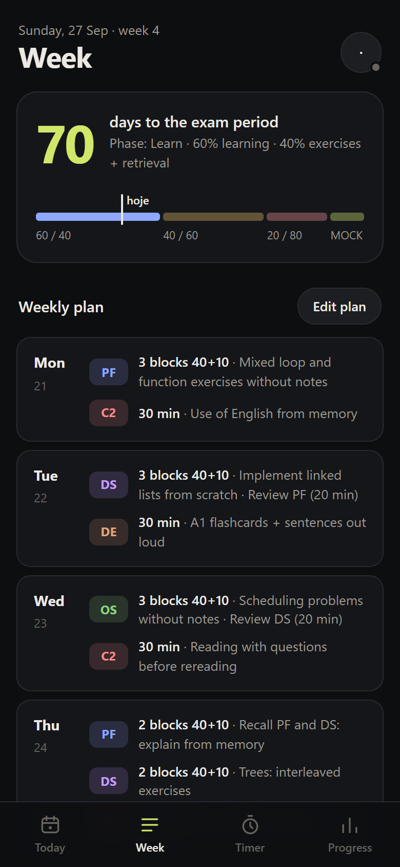 Week tab with phases and weekly plan